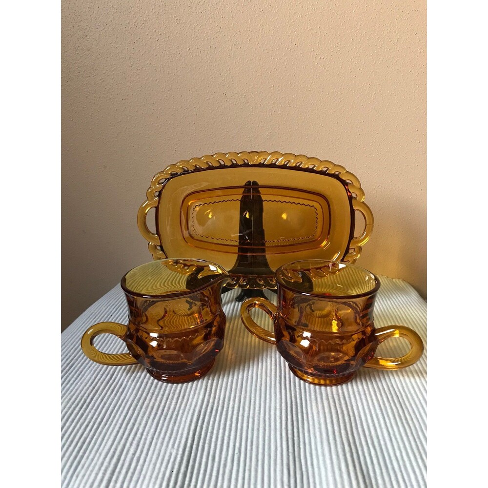 Vintage Indiana Glass Kings Crown Amber Thumbprint Sugar Creamer Tray Set